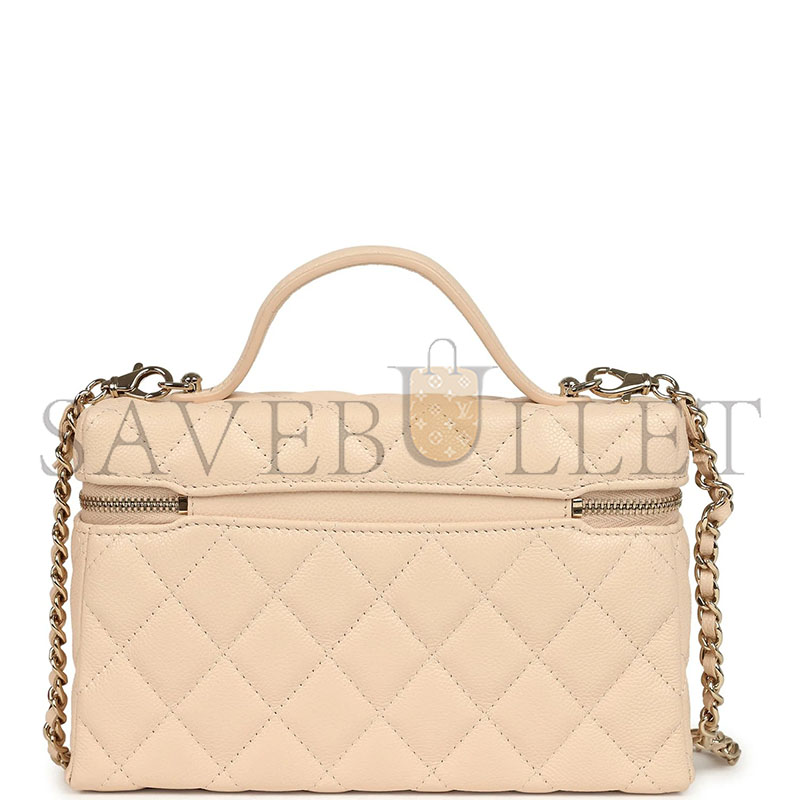 CHANEL MASTER TOP HANDLE LONG VANITY CASE WITH CHAIN LIGHT BEIGE SHINY CAVIAR LIGHT GOLD HARDWARE AP4385 (19*14*5cm)